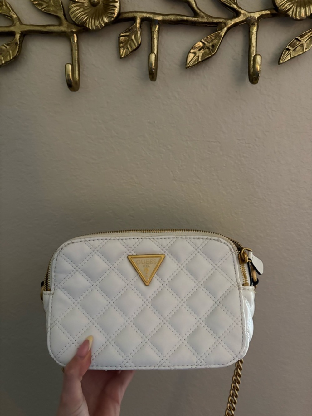 GUESS White Quilted Crossbody with Gold-Tone Accents